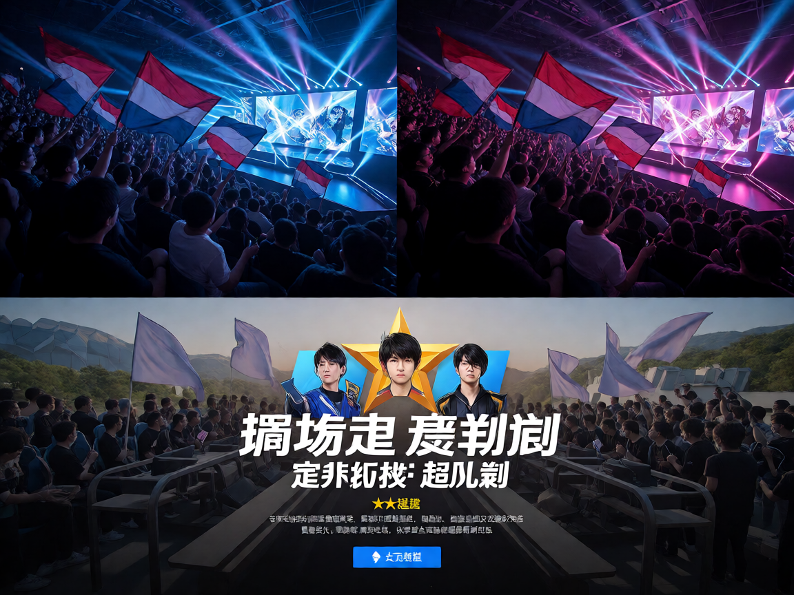 电竞观众席上粉丝挥舞旗帜应援，现场灯光与屏幕交相辉映
