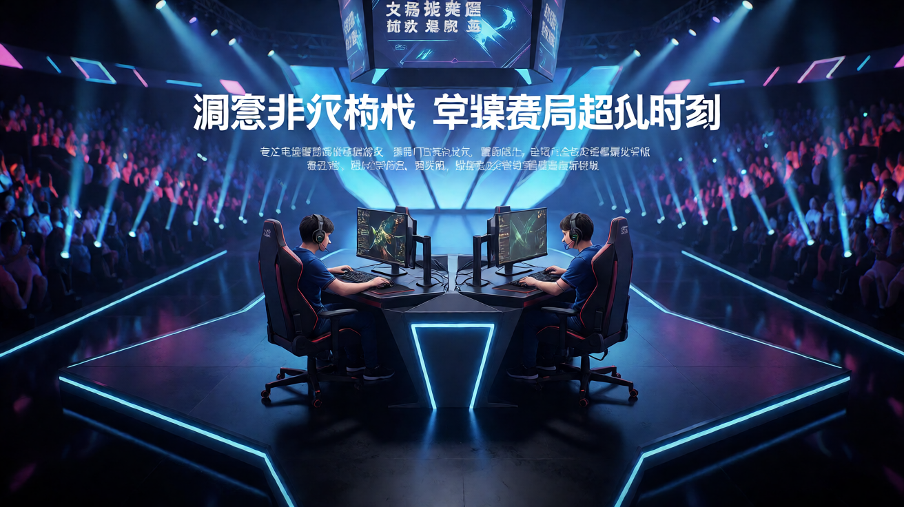 电竞赛事现场全景,选手在舞台中央激烈对战,观众席灯光璀璨