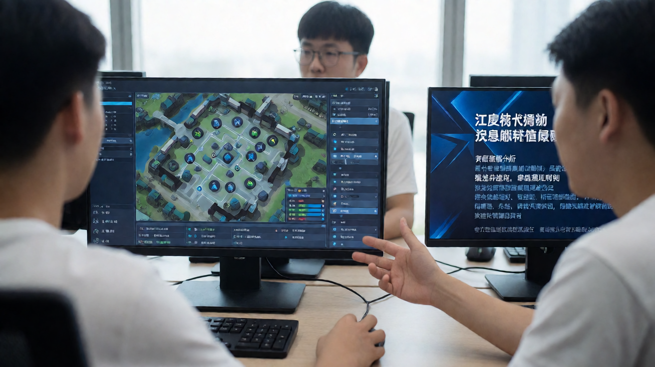 分析师在电脑前复盘比赛录像，屏幕上显示战术地图与数据面板